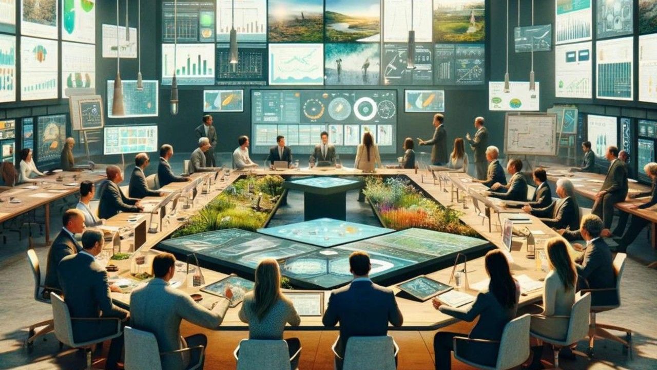 Business executives around a large conference table with lots of screens covering the walls