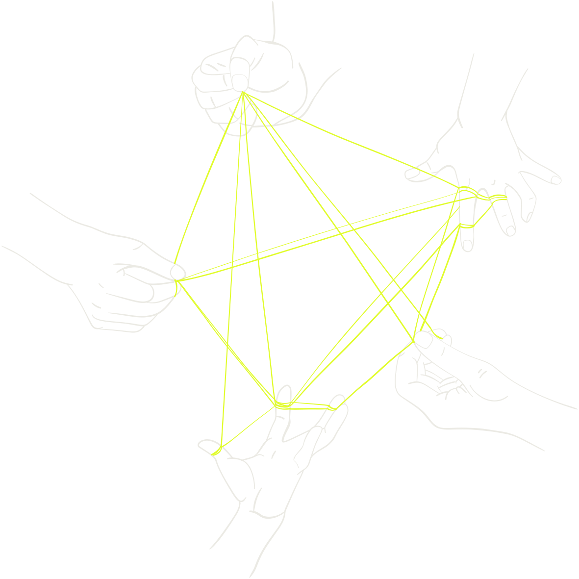 Five hands connected by  strings, a symbolic representation of the systems thinking required for strategic decision making