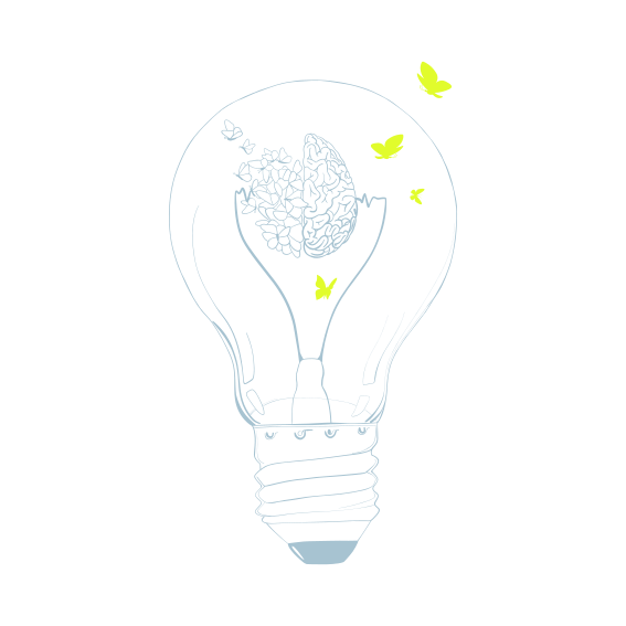 a lightbulb with a brain and butterflies for its filament, a symbolic representation of the innovative minds of the Tilt Global team