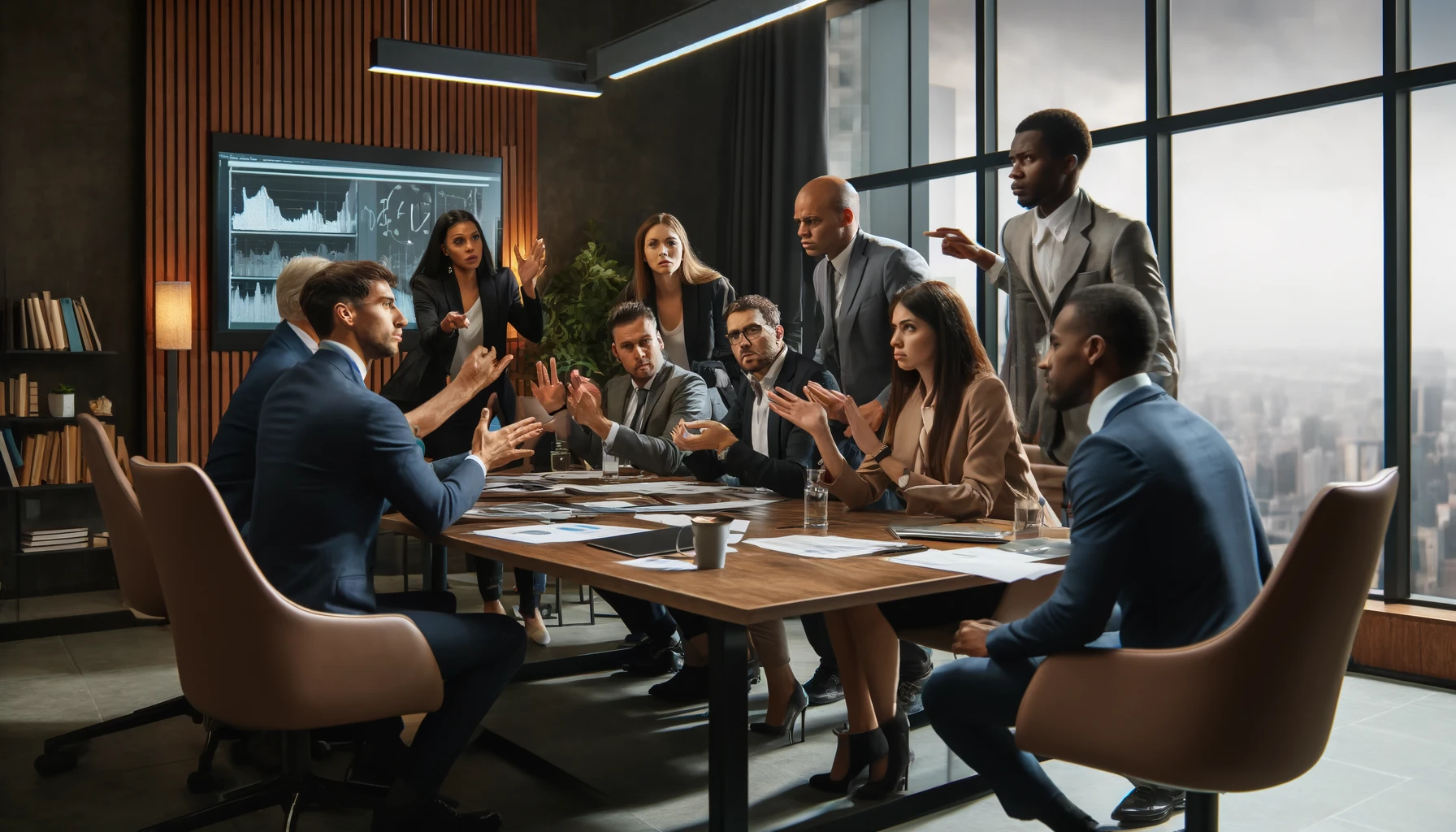 Illustration of executives arguing around a boardroom table