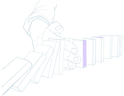 A hand interrupting a series of blocks falling like dominoes